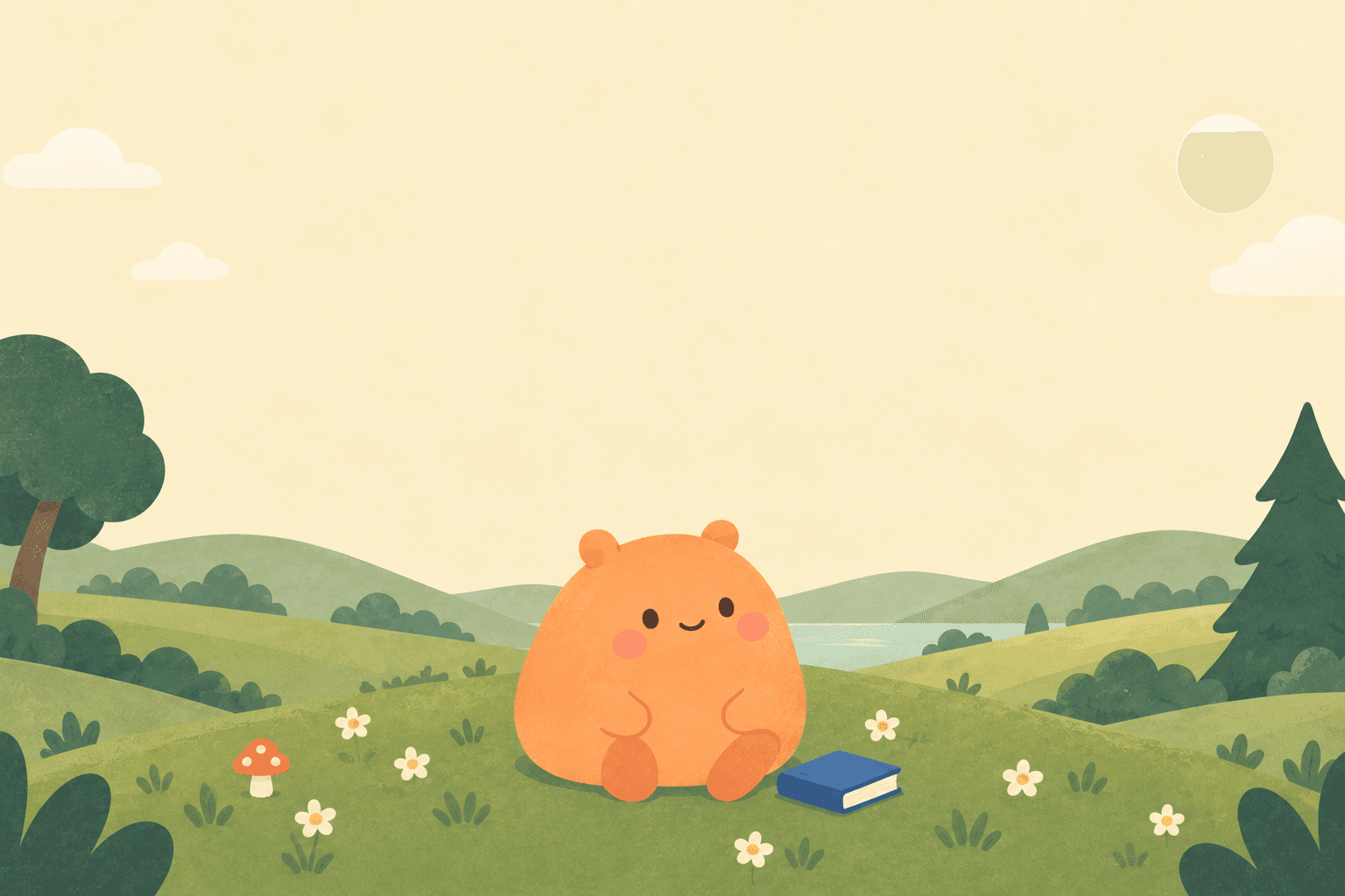 Noffi sitting in a sunny forest meadow beside a little blue book